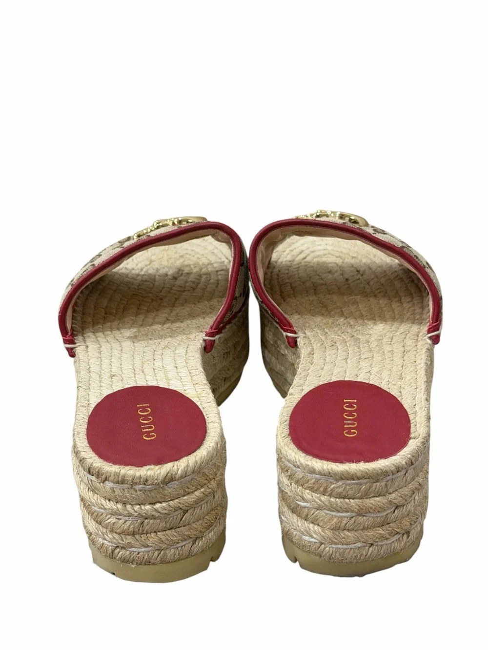 Gucci GG Canvas Platform Espadrille Slide Sandals Beige Red GG Logo EU 37.5